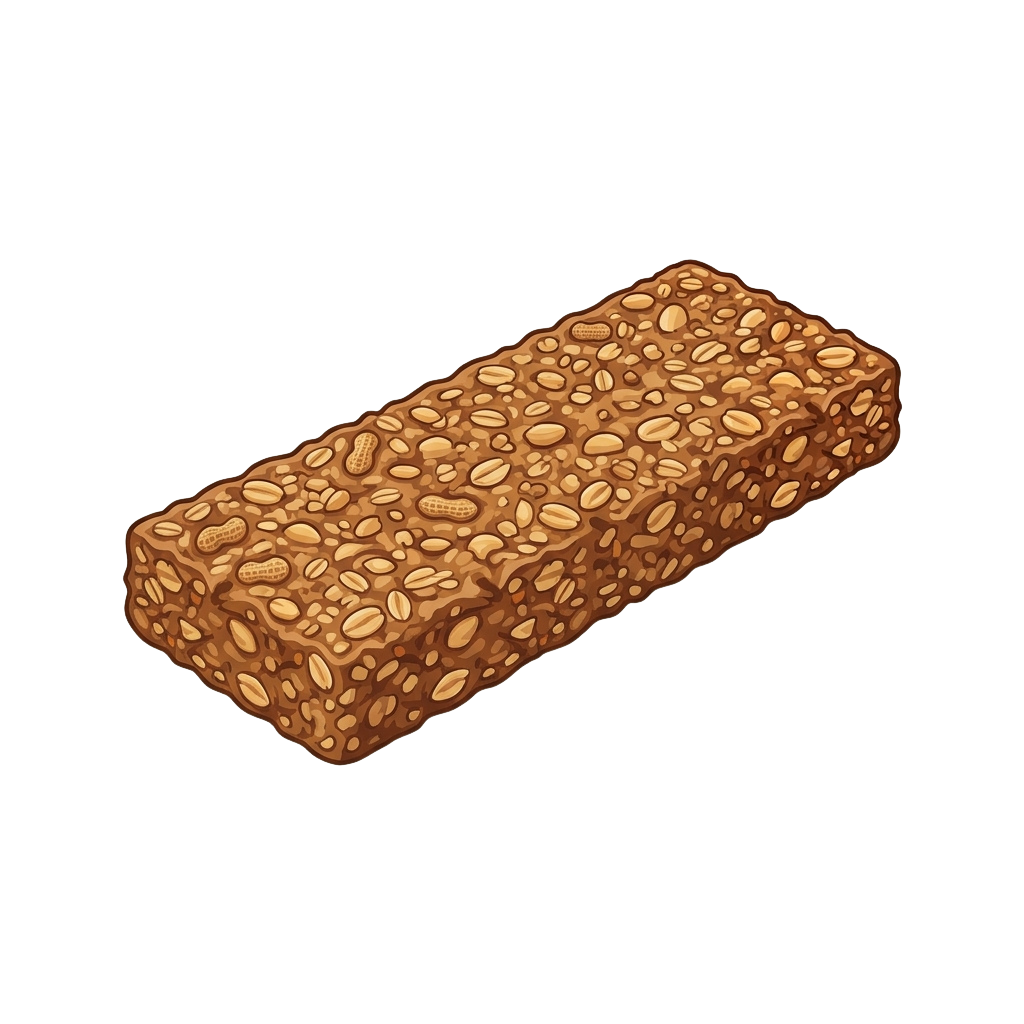 A rectangular granola bar covered with whole nuts and seeds on a dark background