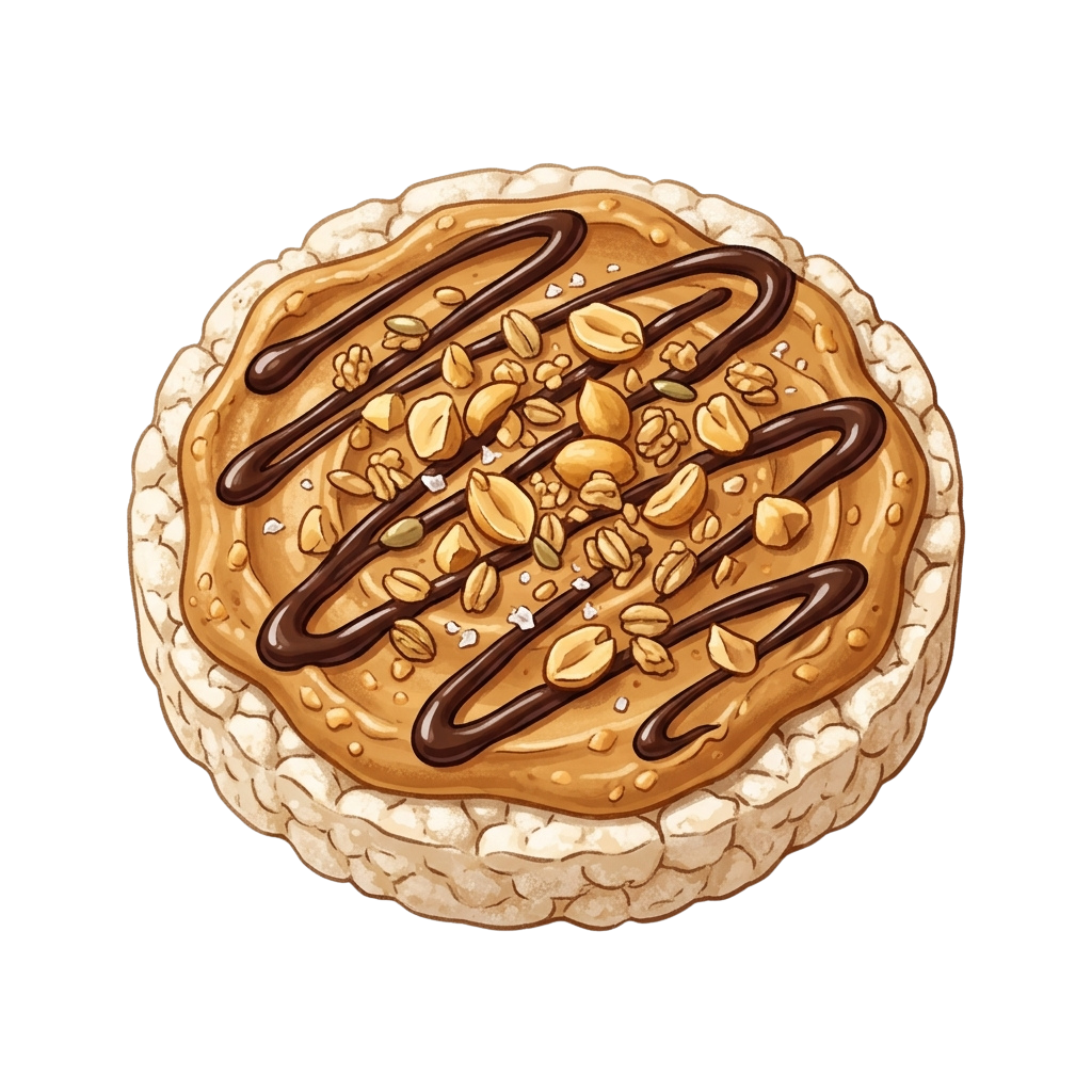 A round donut with caramel filling, chopped nuts on top, and chocolate drizzle swirls