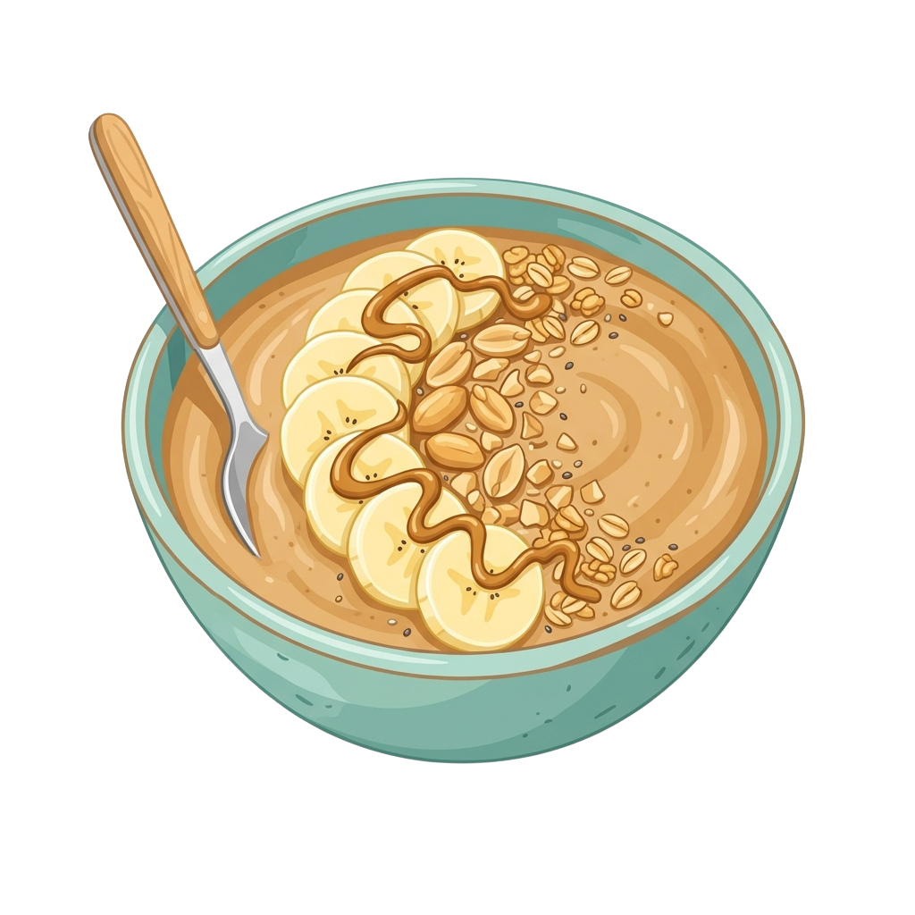 A bowl of oatmeal topped with banana slices, peanut butter drizzle, and chopped nuts, served with a spoon.