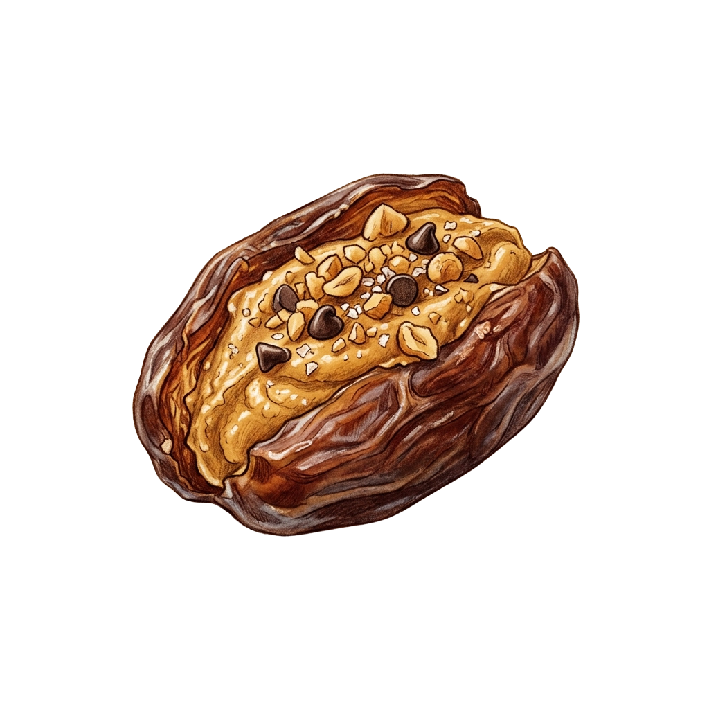 A baked pastry with caramel filling, topped with chopped nuts and chocolate pieces
