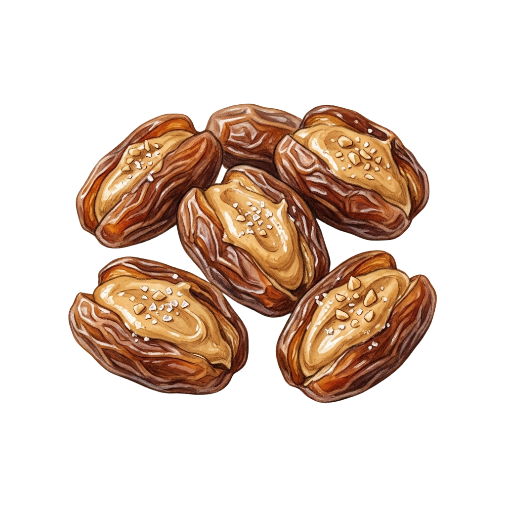 Five caramel-coated dates with glossy brown shells and light caramel filling