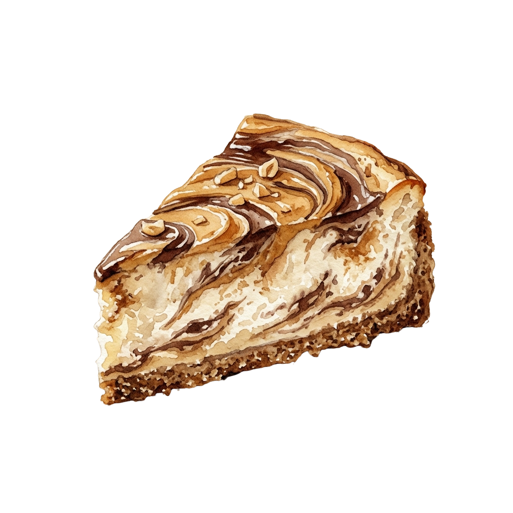 A slice of cheesecake with chocolate swirls and caramel drizzle on top