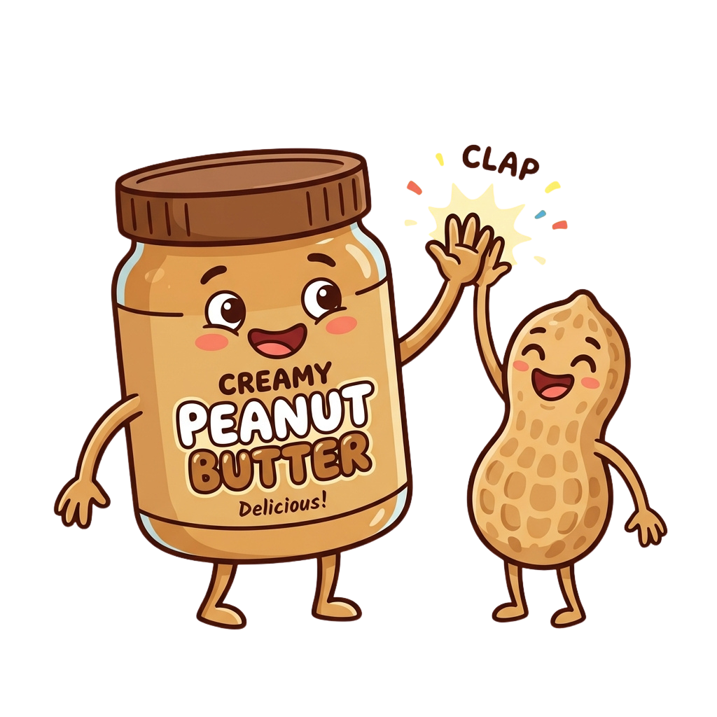 Animated peanut butter jar and peanut character clapping hands with a sparkle effect