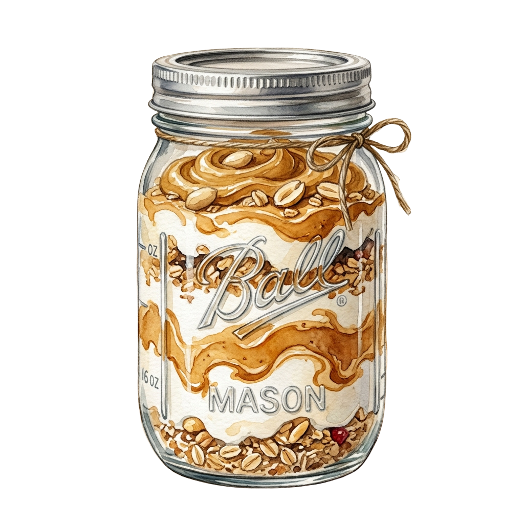 A glass mason jar filled with caramel and nuts, sealed with a metal lid and twine.