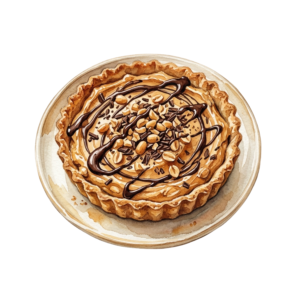 A caramel apple pie topped with chopped nuts and drizzled with chocolate sauce on a white plate