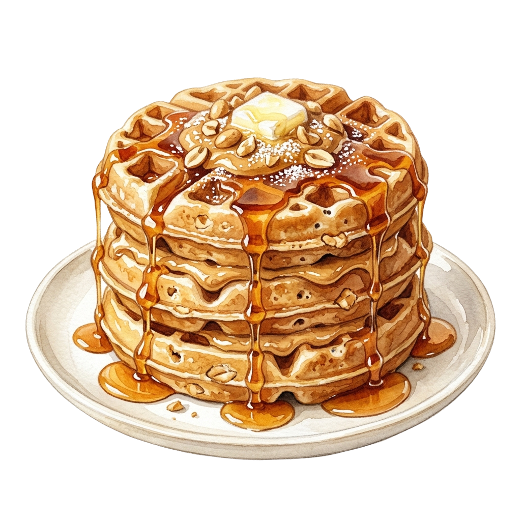 A tall stack of golden-brown waffles drizzled with caramel syrup, topped with butter and chopped nuts on a white plate