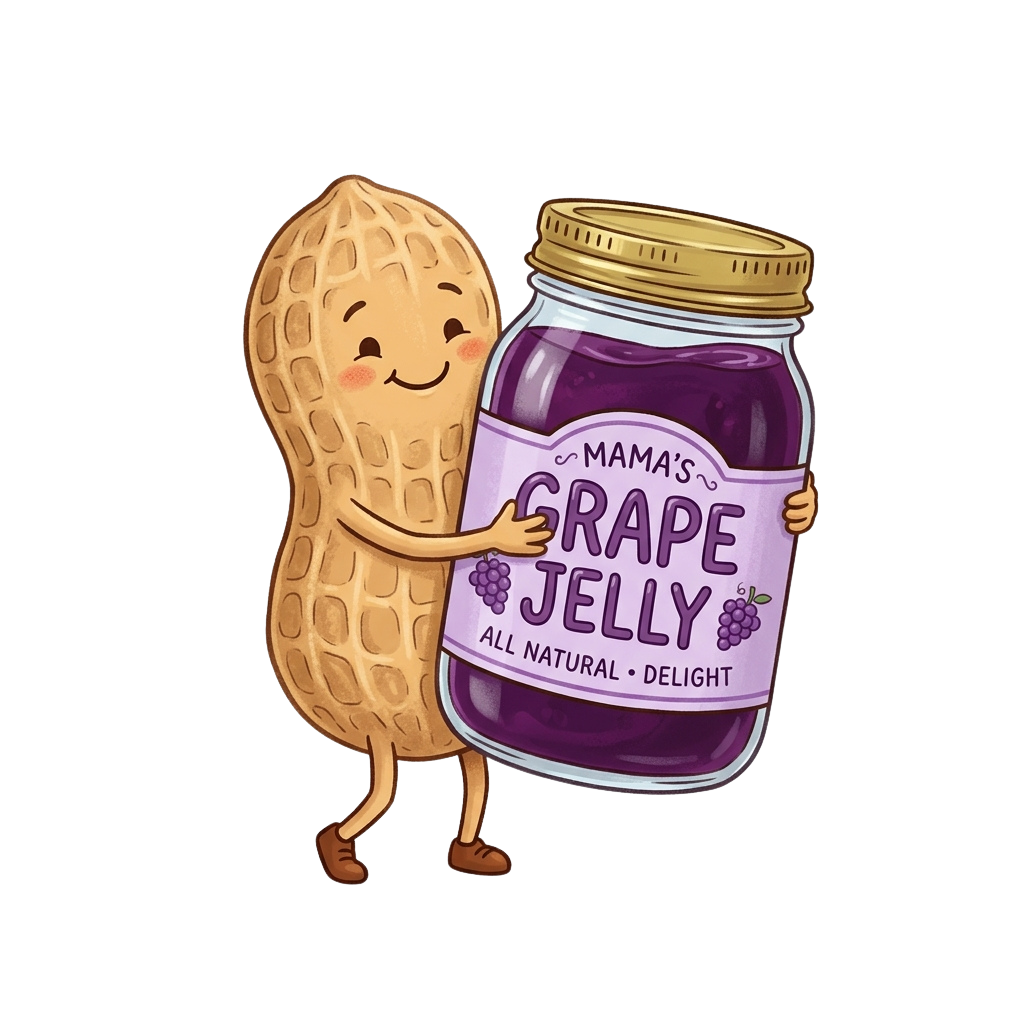 A smiling peanut character hugging a jar labeled grape jelly with grapes and text all natural delight