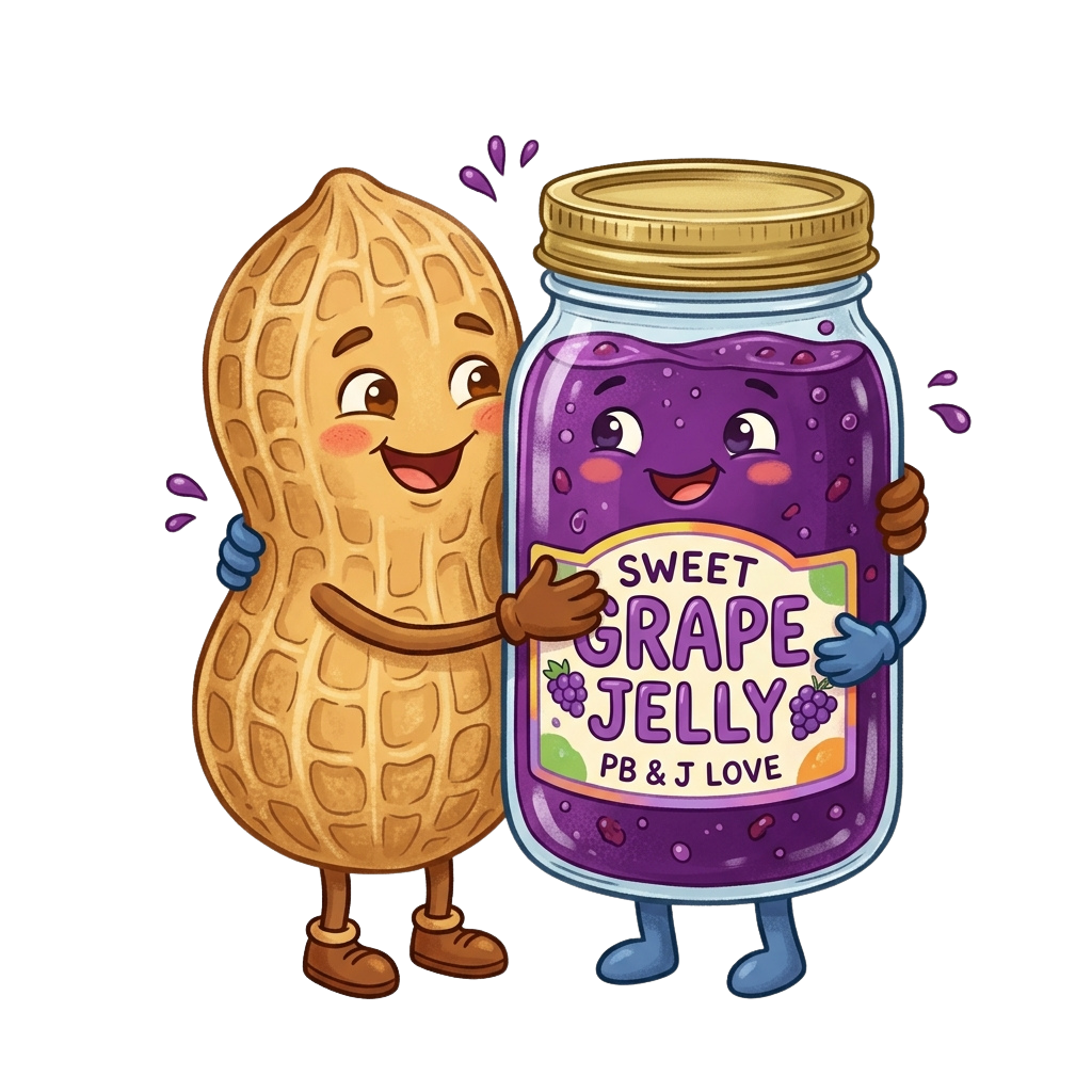 A smiling peanut and a grape jelly jar character hugging with a label reading Sweet Grape Jelly
