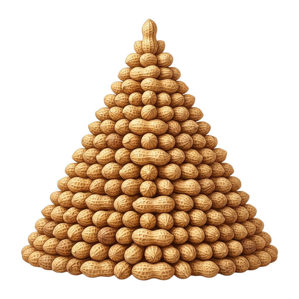 A pyramid made entirely of peanuts stacked in a triangular formation