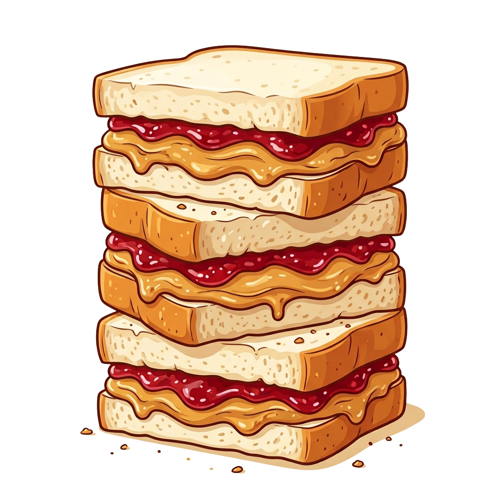 A tall stack of peanut butter and jam sandwiches with bread slices and filling visible between each layer