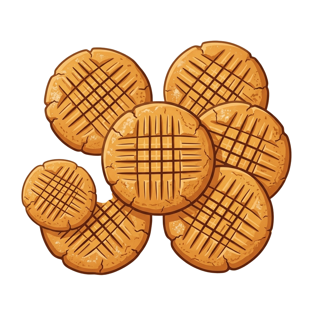 Six golden-brown waffle-shaped cookies with a crisscross grid pattern on top.