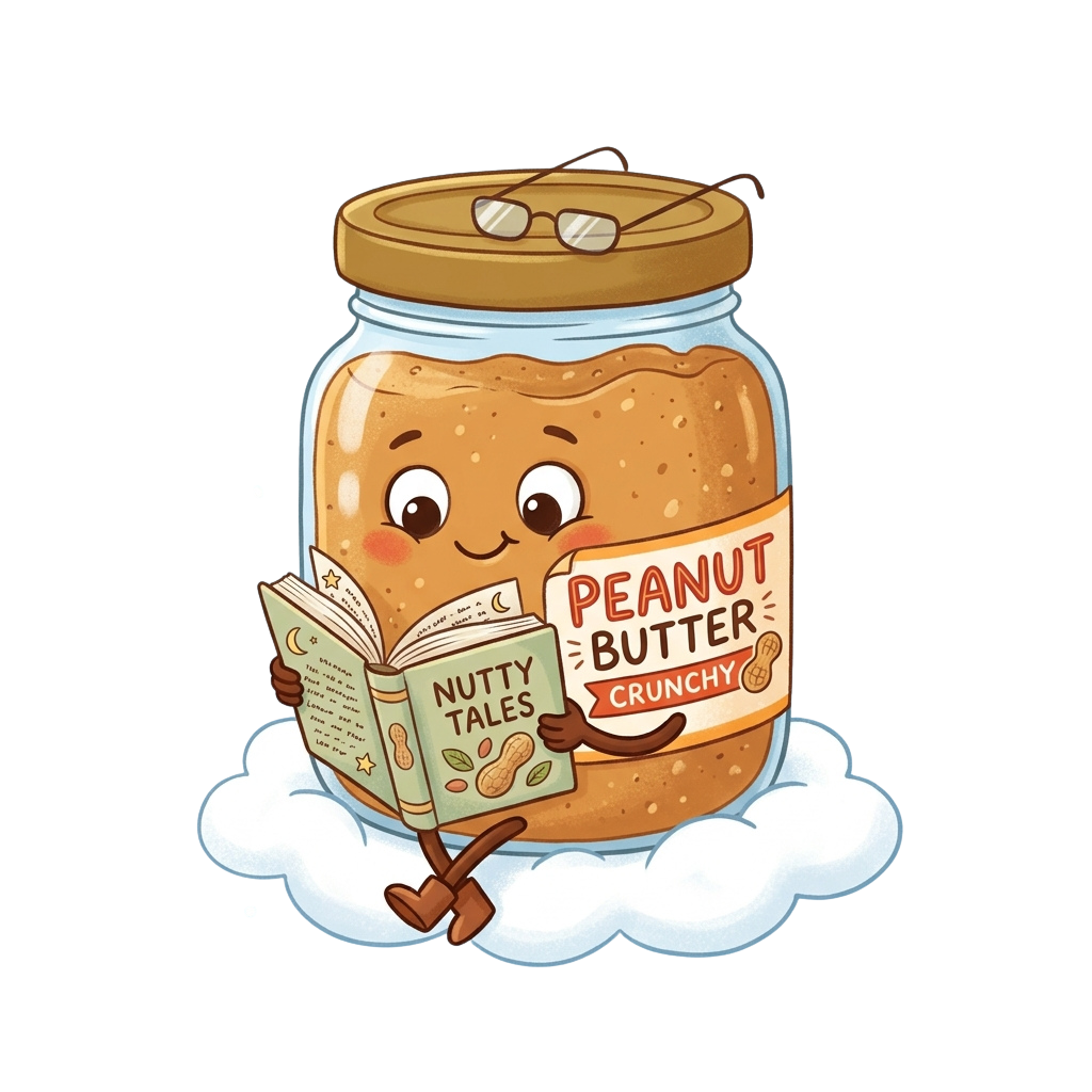 Animated peanut butter jar with glasses reading a book titled Nutty Tales floating on a cloud
