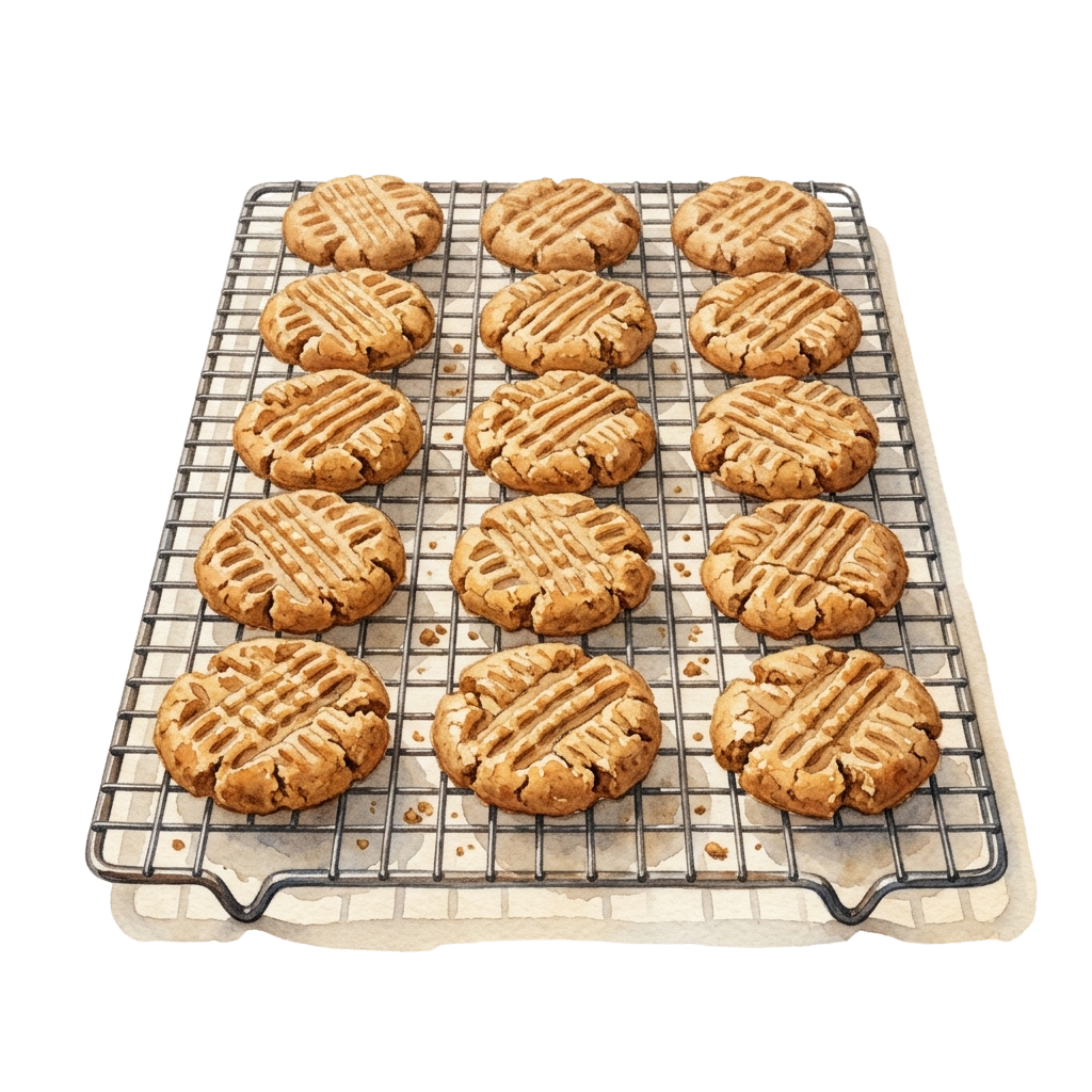 Twelve freshly baked peanut butter cookies with crisscross patterns cooling on a wire rack.
