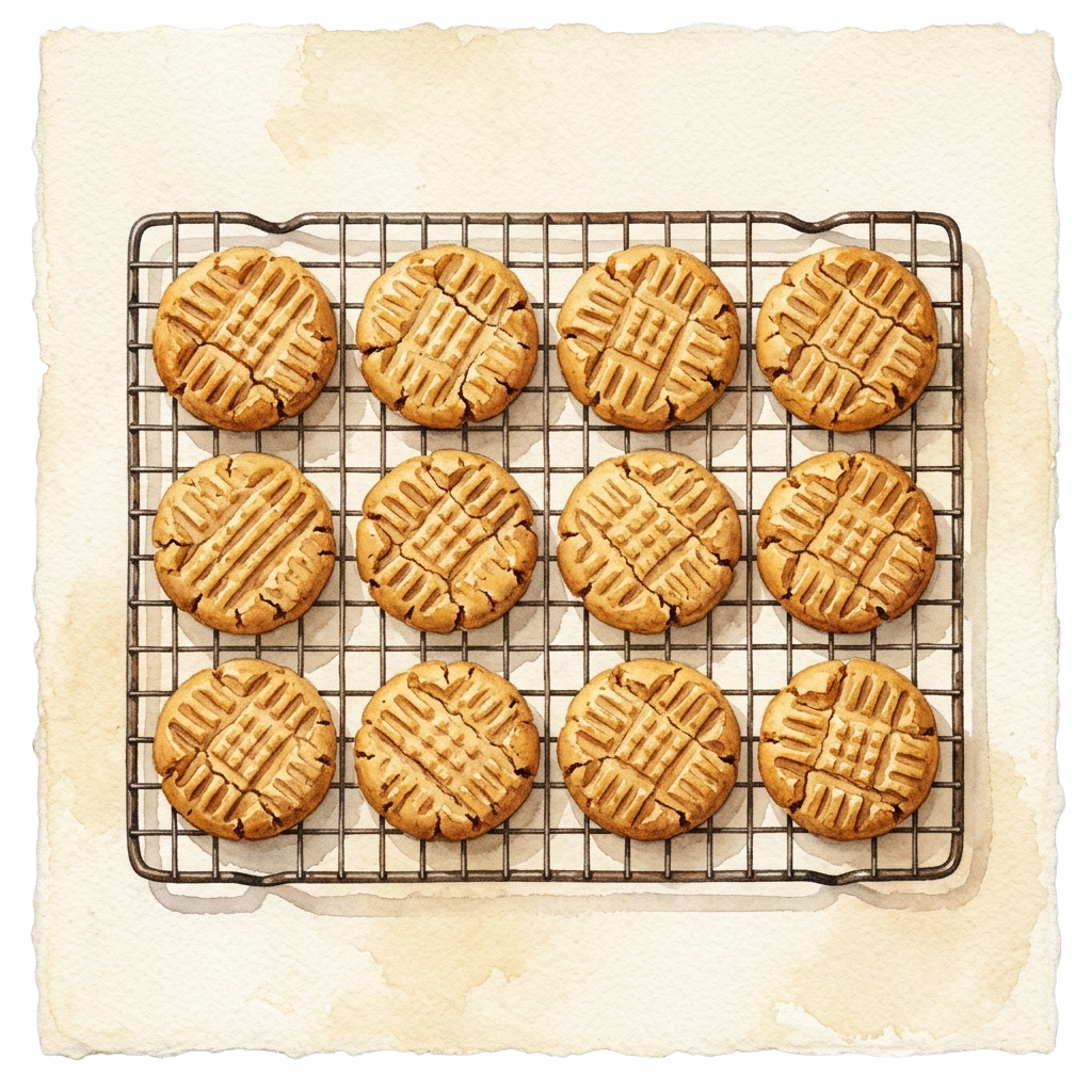 Twelve freshly baked peanut butter cookies with cross patterns on a cooling rack