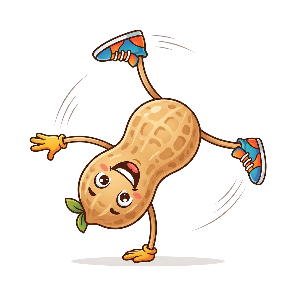 Animated peanut character doing a handstand with sneakers on its feet