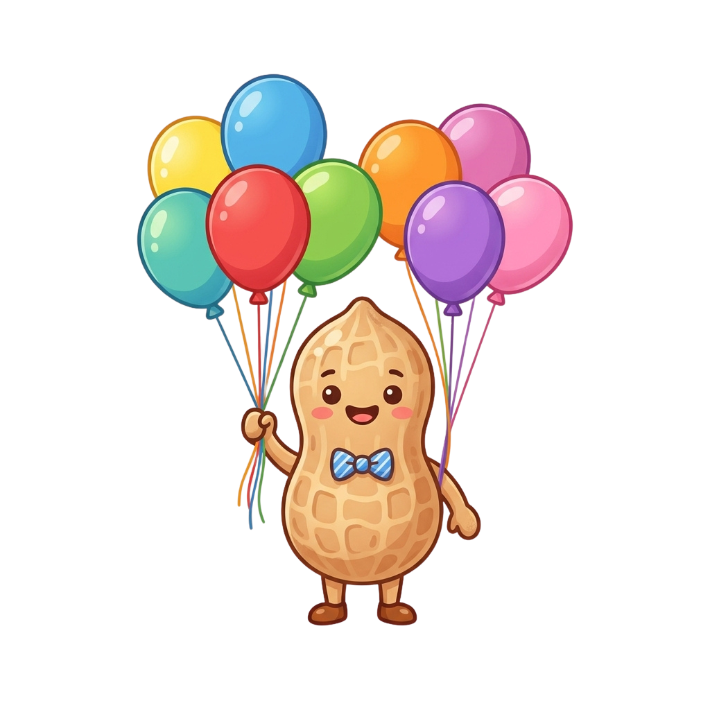 A smiling peanut character wearing a bow tie holds a bunch of colorful balloons.