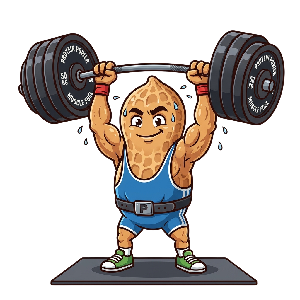 A cartoon peanut character lifting heavy dumbbells with sweat drops, wearing a blue tank top and shorts.