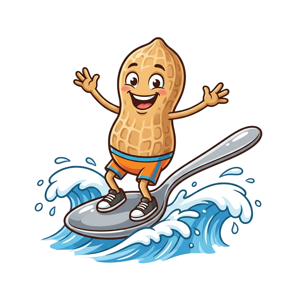 A smiling peanut character surfing on a spoon-shaped board over blue waves
