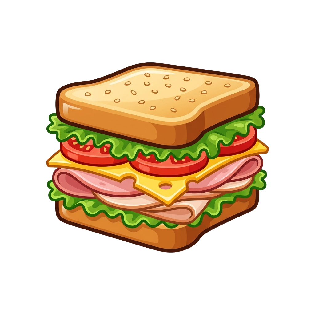 Illustration of a ham and cheese sandwich with tomato, lettuce, and cheese between two slices of bread
