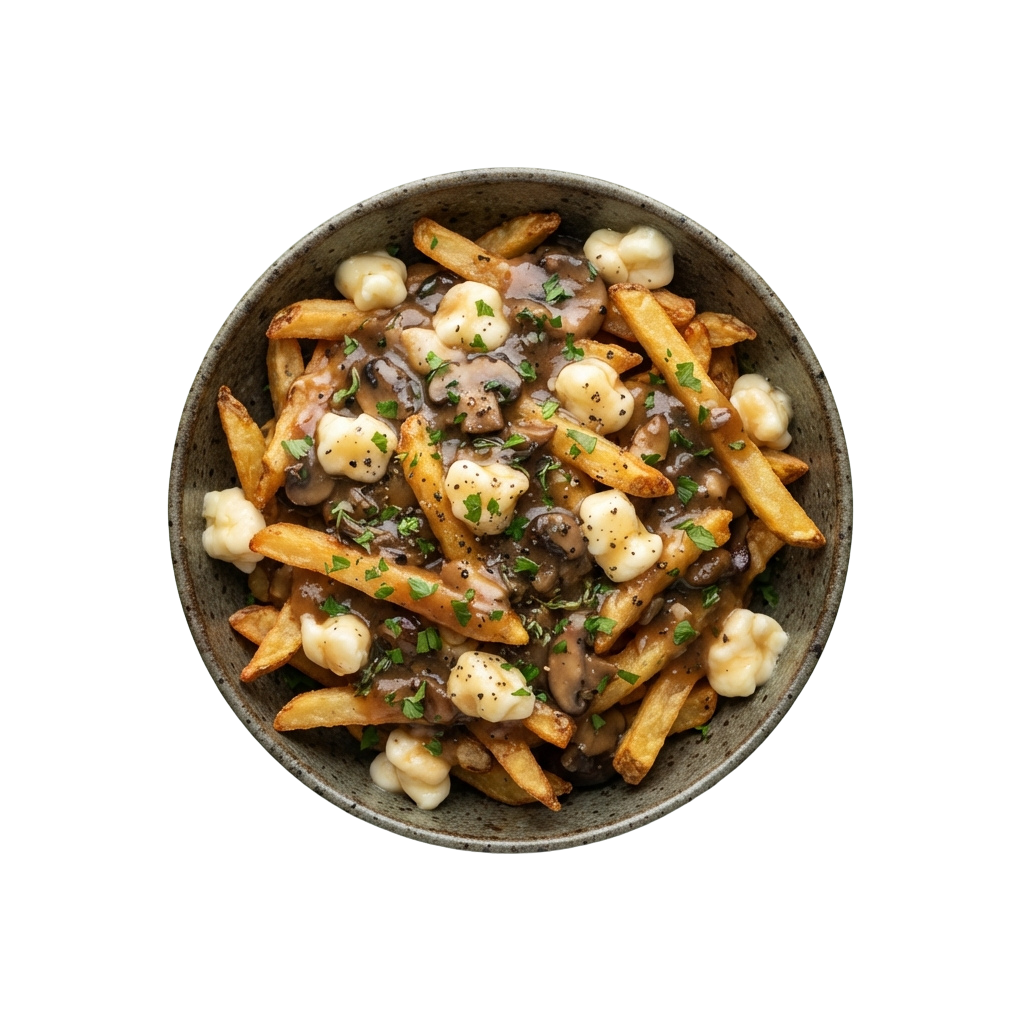 A bowl of golden fries topped with creamy cheese, mushrooms, and parsley garnish