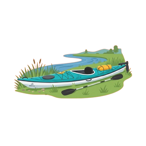 A colorful illustration of a kayak floating on a calm river surrounded by green grass and plants