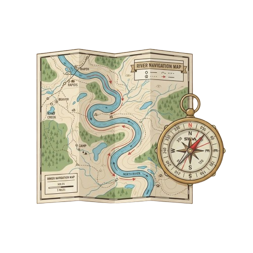 Illustration of an open vintage river navigation map featuring a compass overlay on the right side