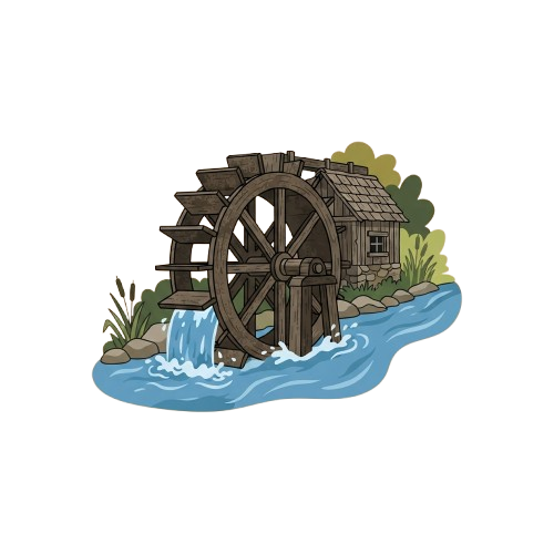 Illustration of a wooden waterwheel turning next to a small mill house beside a flowing stream