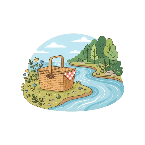 A wicker picnic basket with a red checkered cloth sits on a grassy riverside island surrounded by flowers and trees.