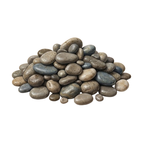 A pile of smooth, rounded river stones in various shades of gray and beige.