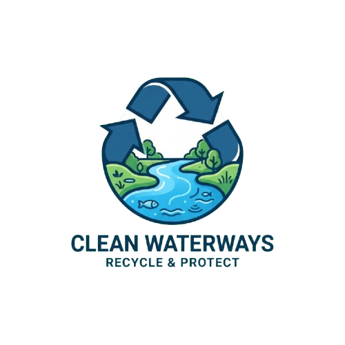 Logo showing recycling symbol with a river, fish, and greenery, promoting clean waterways and recycling efforts