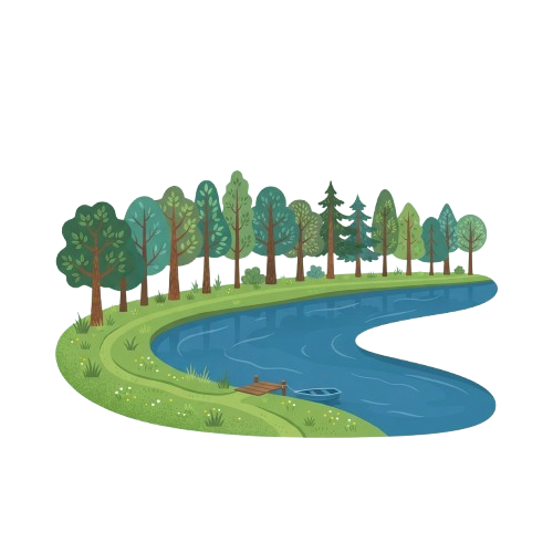 A tranquil pond surrounded by lush green trees with a small rowboat in the water