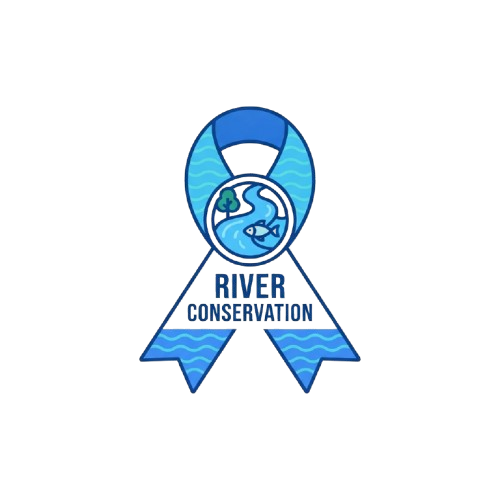 Blue ribbon symbolizing river conservation with a fish and water waves graphic
