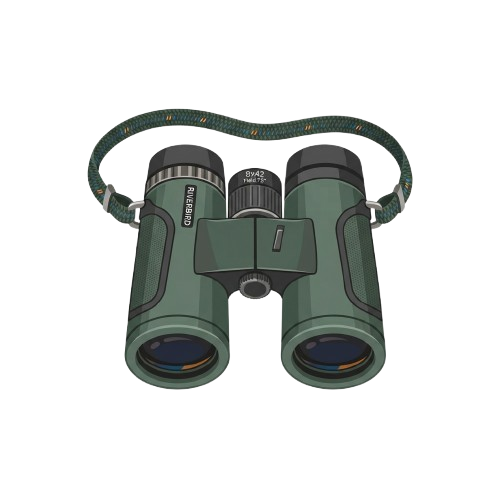 Green camouflage-patterned binoculars with a neck strap against a dark background