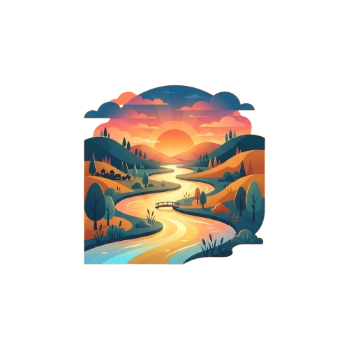 A winding road with a bridge at sunset, surrounded by trees and rolling hills under a colorful sky