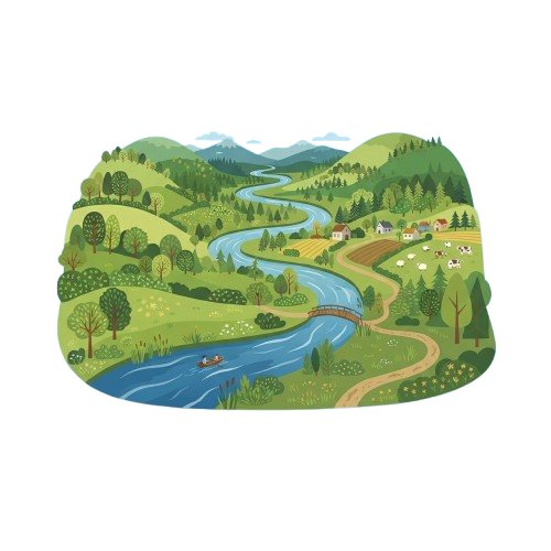 A scenic illustration of a green countryside with winding river, bridge, farmland, and small village.