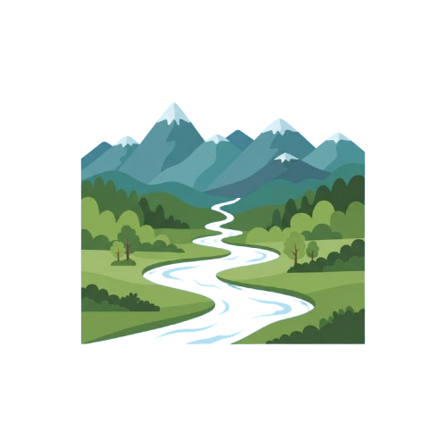 A winding river flowing through a lush green forest with snow-capped mountains in the background
