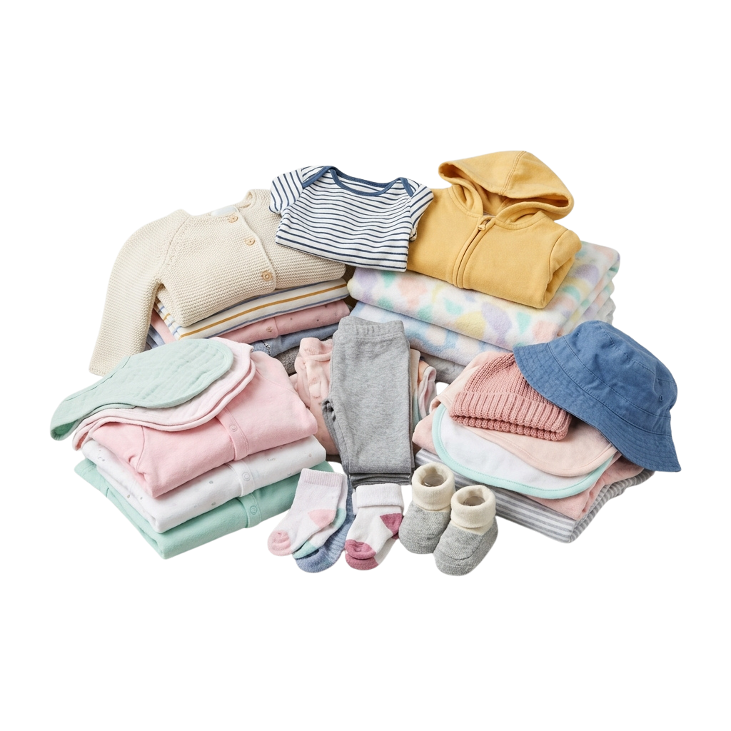 Assorted baby clothing including sweaters, hoodies, pajamas, socks, and hats in various colors.