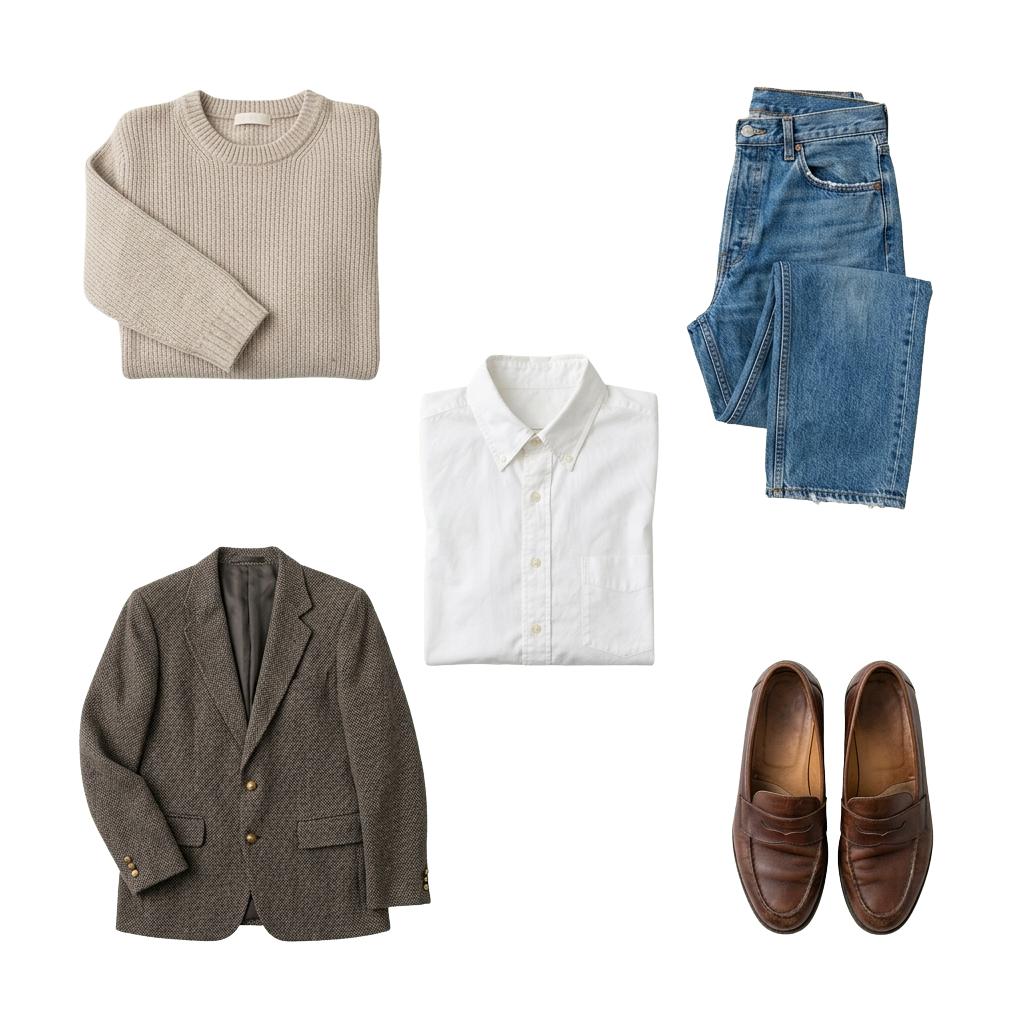 A men's casual outfit featuring a light sweater, white shirt, blazer, jeans, and brown shoes.