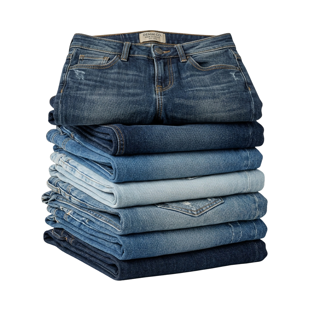 A stack of folded jeans in different shades of blue from light to dark.