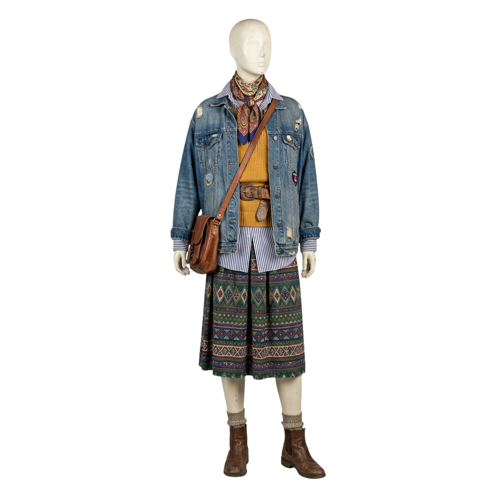 Mannequin wearing a denim jacket, striped shirt, colorful patterned skirt, and brown boots with a crossbody bag and scarf