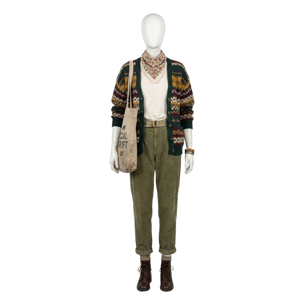 Person wearing a knitted vest, white shirt, green pants, brown shoes, and a crossbody bag