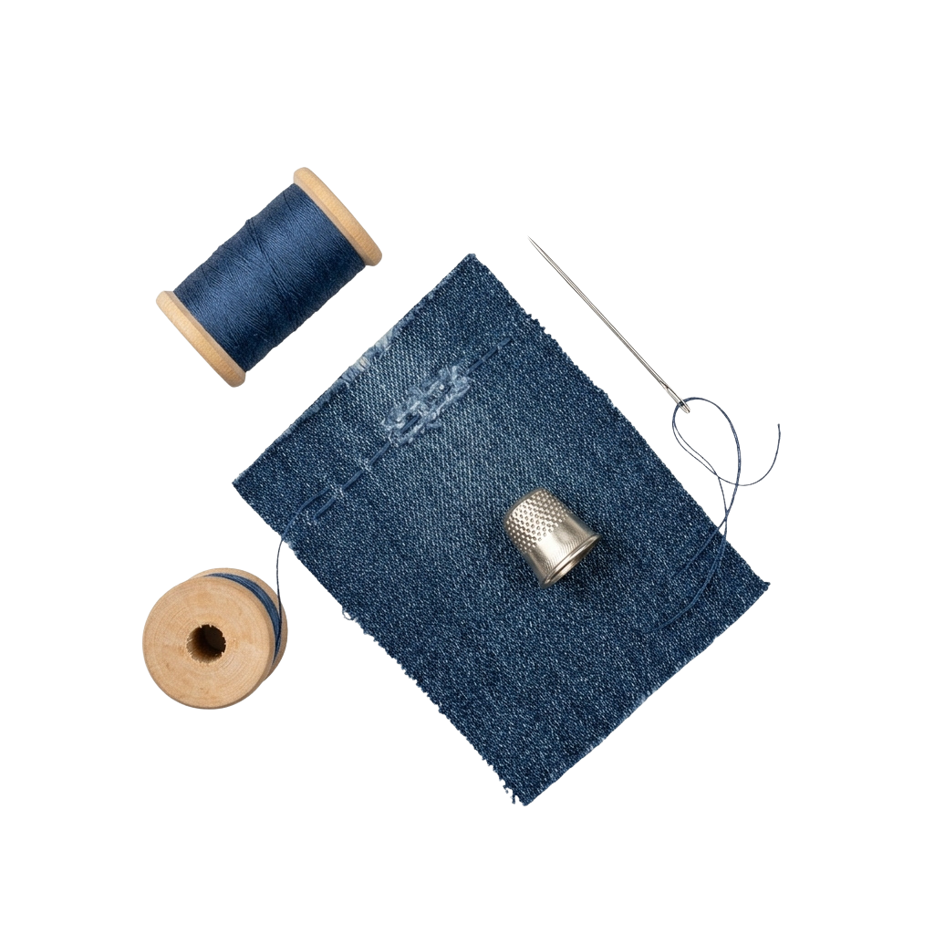 A spool of dark blue thread, a needle with thread, a thimble, and a piece of dark blue fabric on a black background
