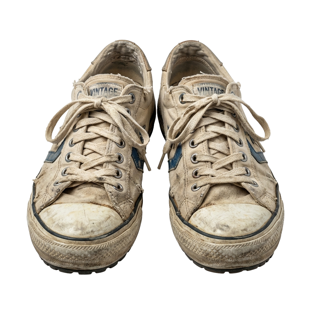 Pair of light beige, worn canvas sneakers with white soles and laces.