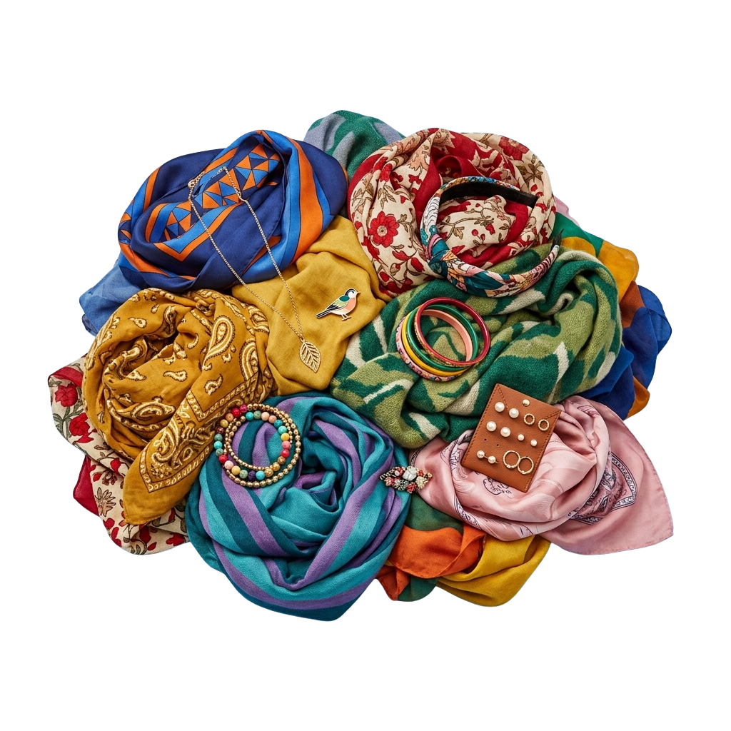 Assorted vibrant fabric pieces and accessories arranged in a circular pattern