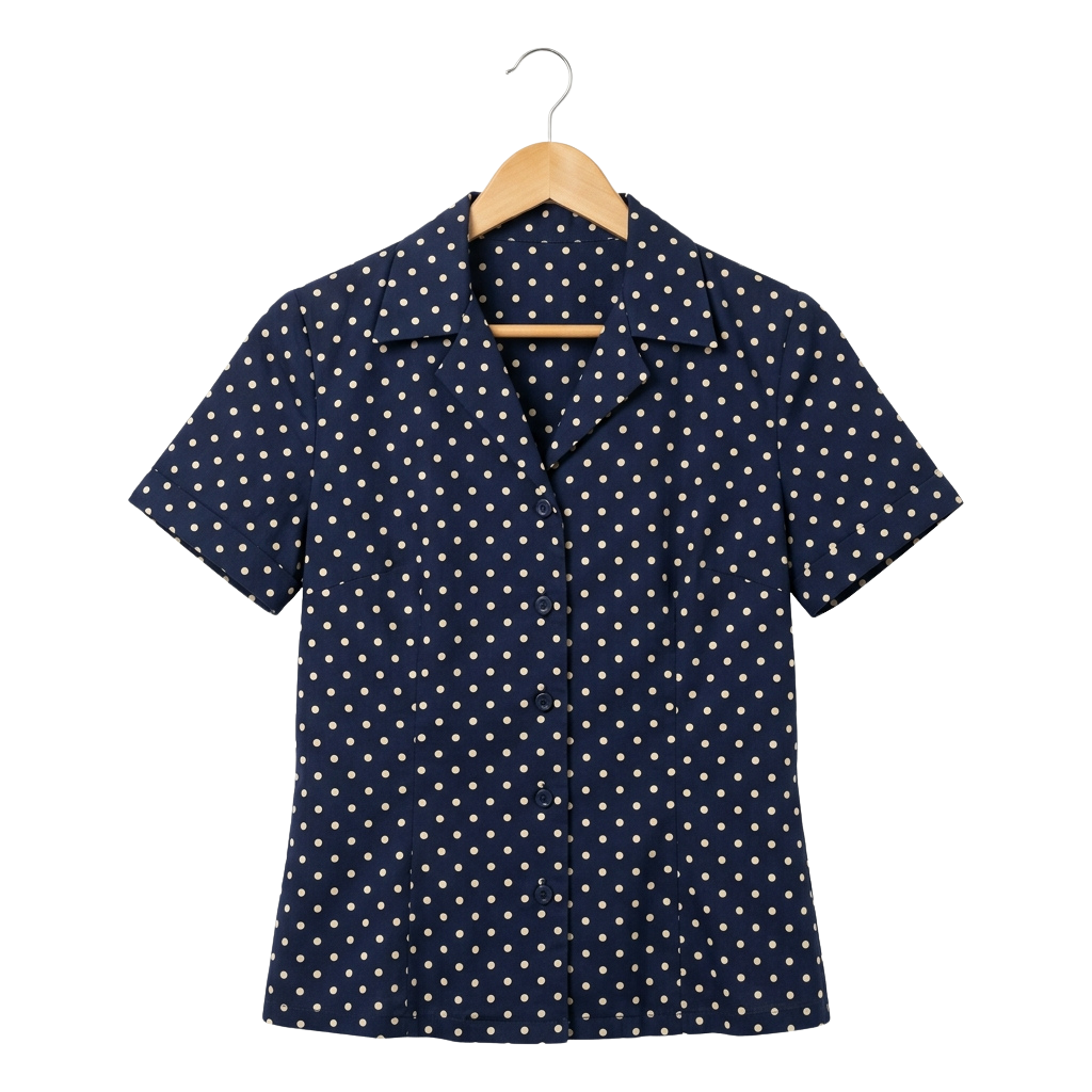 Navy blue short sleeve button-down shirt with white polka dots displayed on a hanger