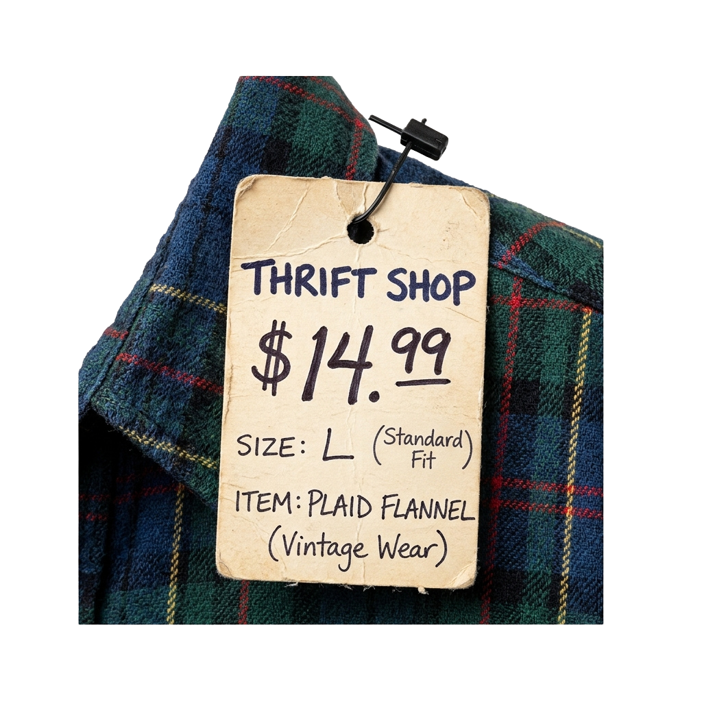 Price tag showing a plaid flannel shirt priced at 14.99 in a thrift shop, size L standard fit