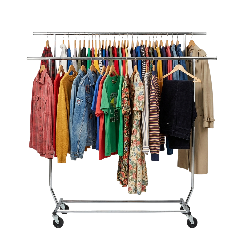 A metal clothing rack displaying a variety of colorful shirts, dresses, jackets, and coats on hangers