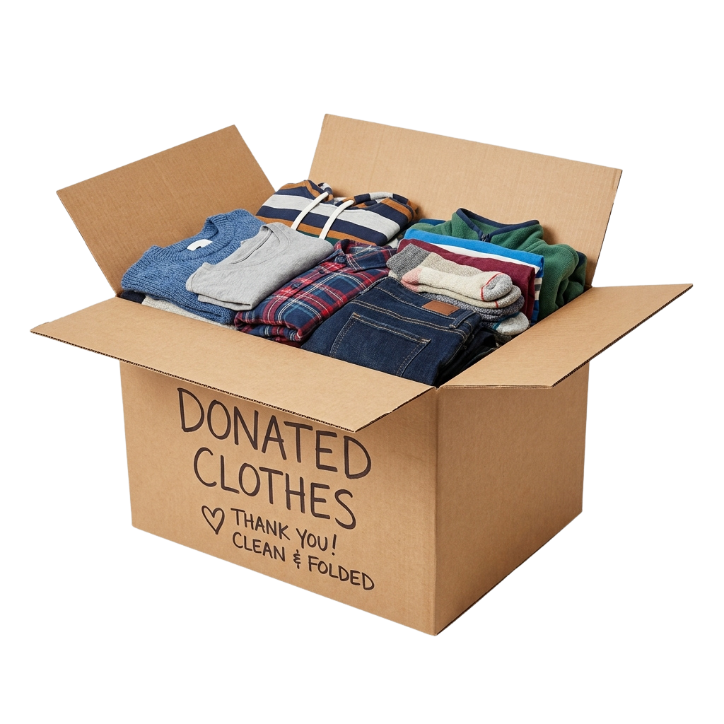 Cardboard box labeled Donated Clothes filled with neatly folded shirts and pants