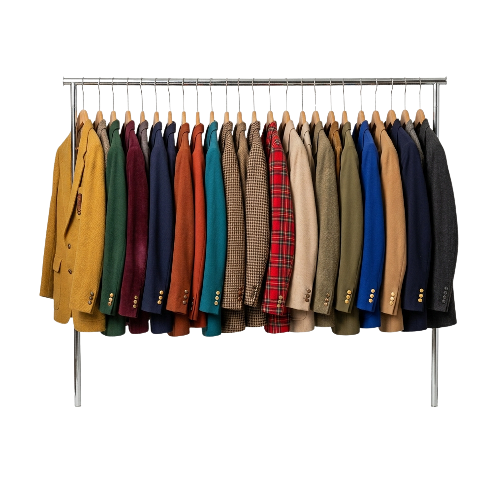 A metal rack displaying a variety of men's coats in different colors and patterns.