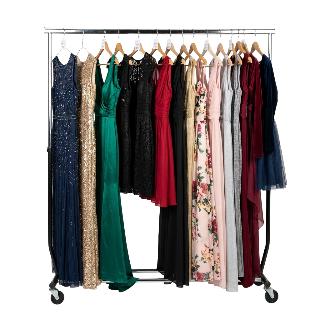 Nine formal dresses in various colors and patterns hanging on a clothing rack